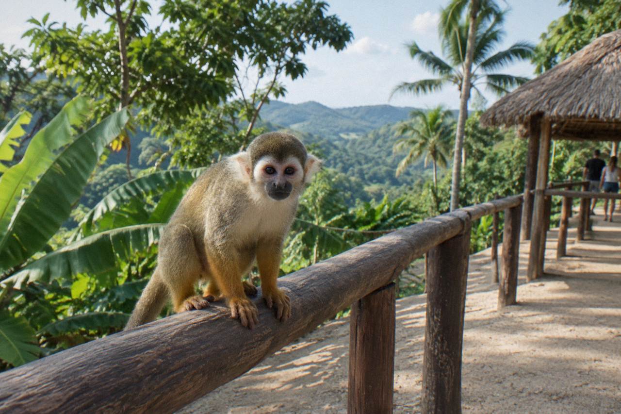 Squirrel monkey perched alert on a rough wooden rail with tropical leaves and green canopy behind.