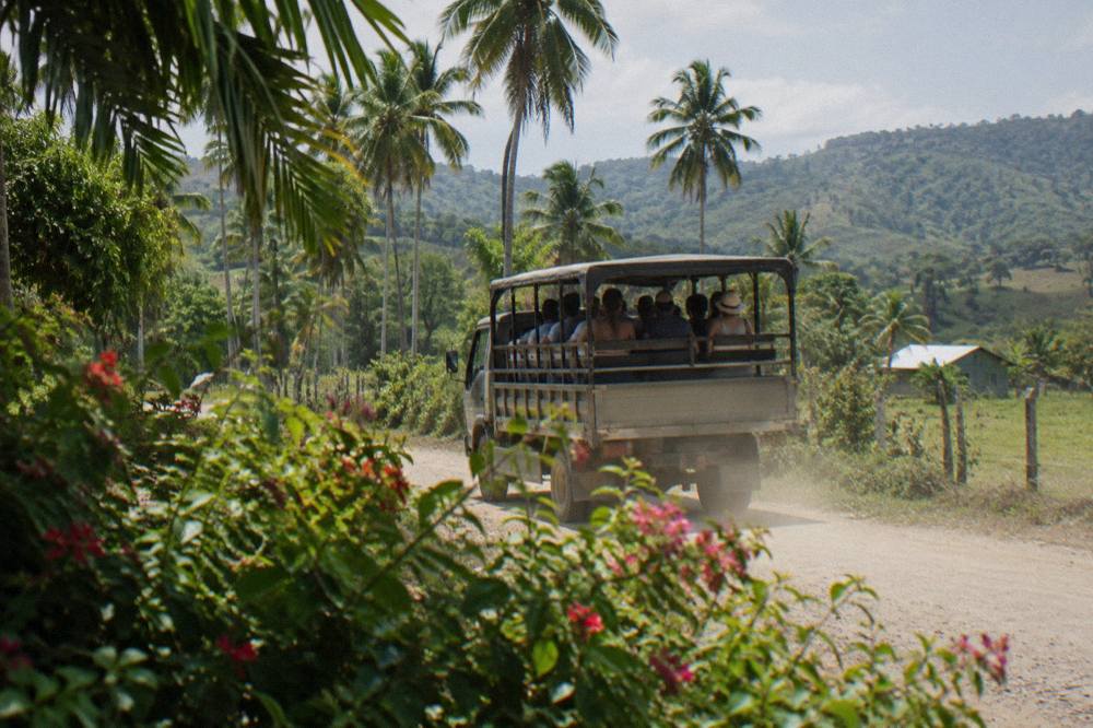 Small tour group walking a dirt trail through tropical plantations