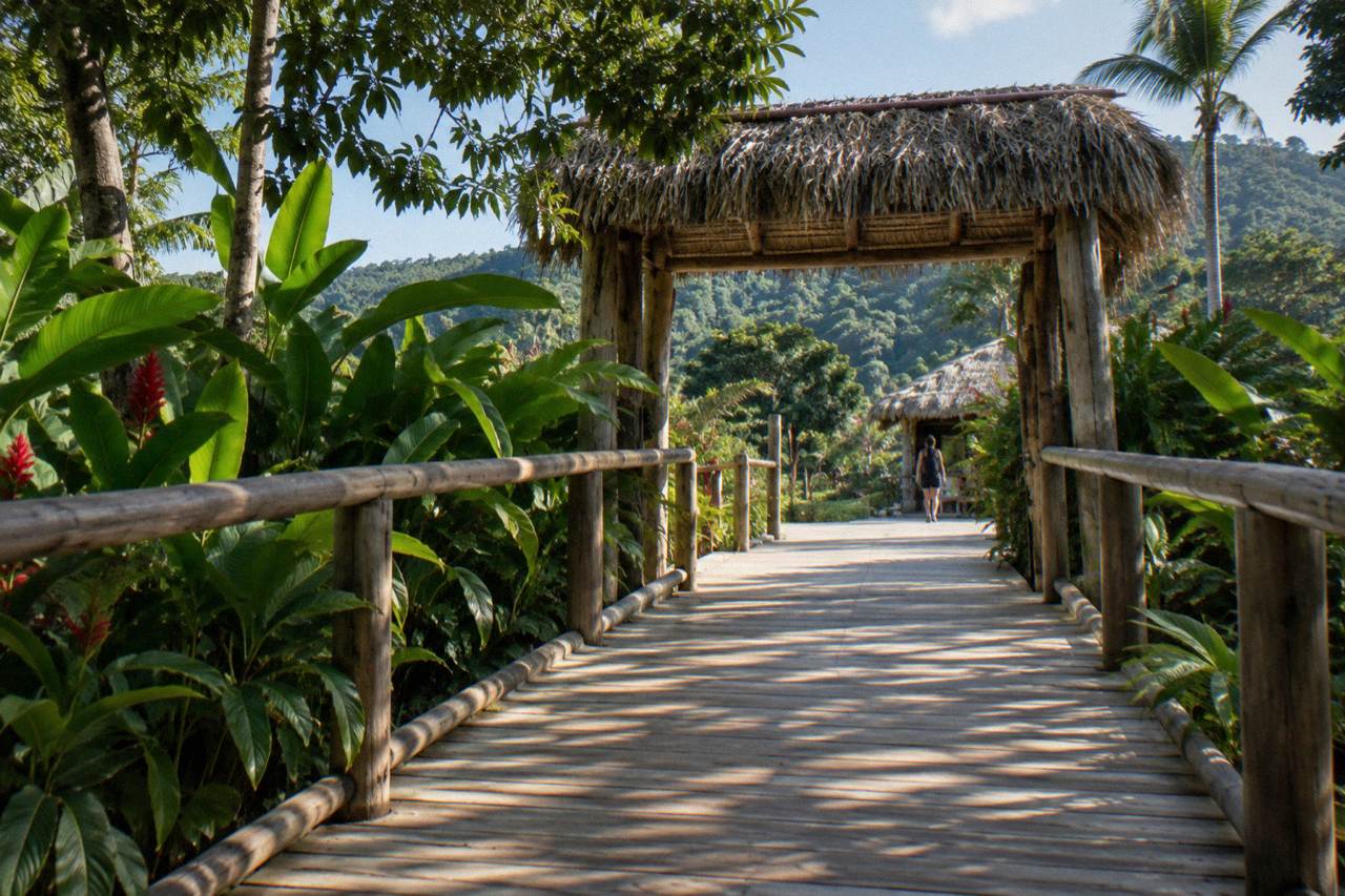Swept wooden walkway rising through tropical foliage toward a thatched timber gate in wooded hills.