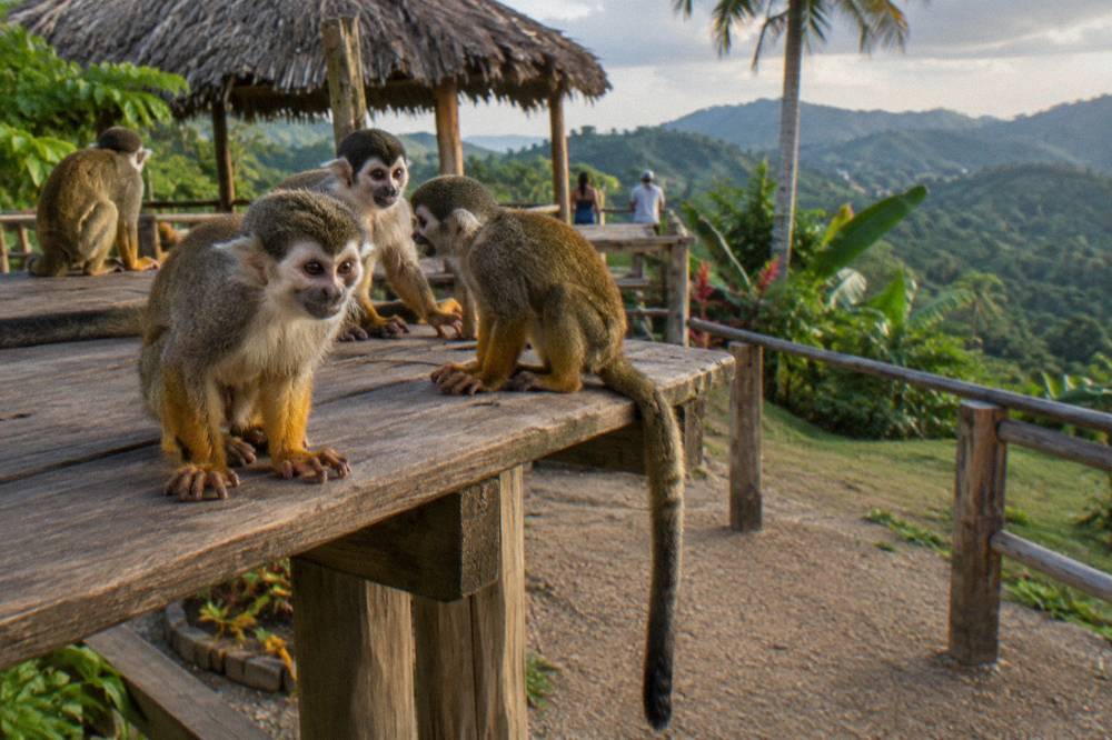 Squirrel monkeys feeding on fruit slices in a garden enclosure