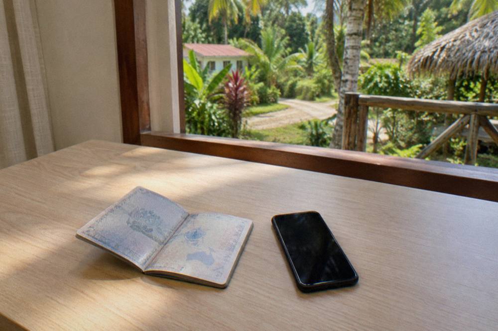 Pale wooden desk with an open passport and a dark screened phone in soft sunlight