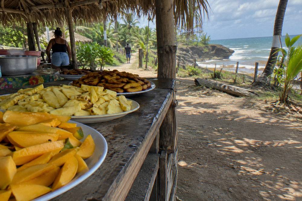 A buffet table with tropical fruit and plantain dishes under a thatched ranch roof