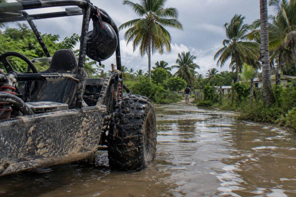 Dune buggy parked on a muddy jungle track beside palm trees