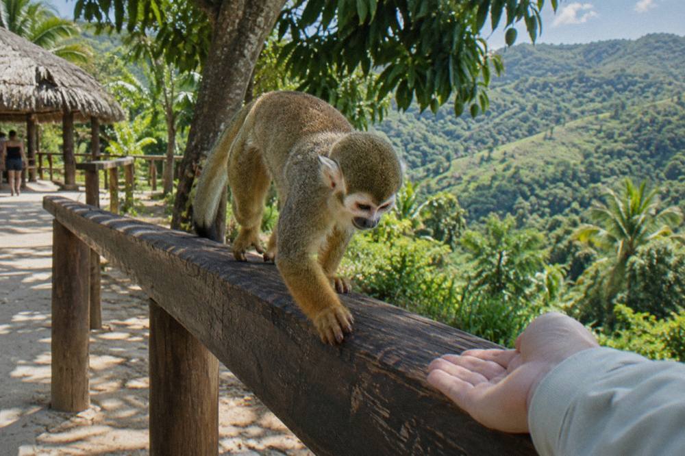 Squirrel monkey on a rough rail bending toward a visitor's open palm, light through leaves, green hills.