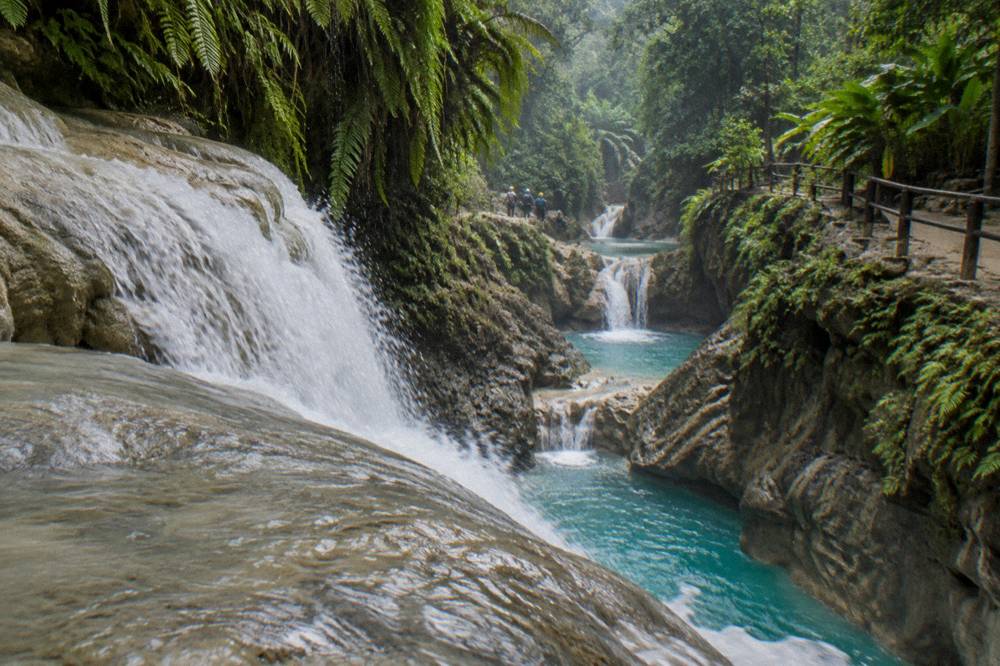 Waterfall pouring over pale limestone ledges into turquoise pools in a fern hung jungle canyon