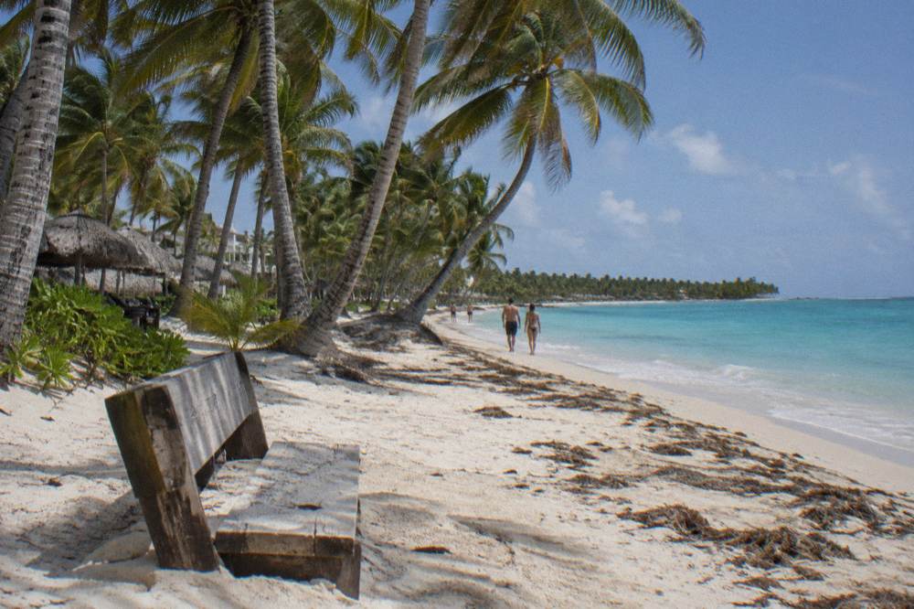 White sand beach with palm trees and clear turquoise water at Bávaro