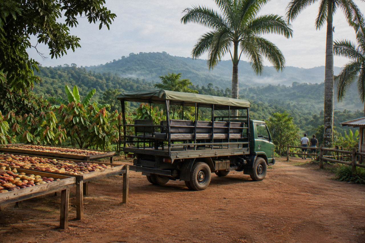 Open sided safari truck parked on a red dirt track between palms and cacao racks, green ridges behind
